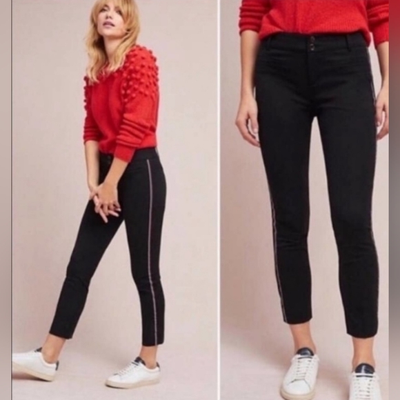 Anthropologie The Essential Slim Ankle Side Stripe Trouser Pants Black 4 - Picture 1 of 6